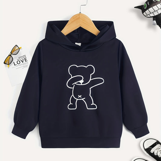 Bear Print Boys Casual Hooded Sweatshirt for Spring Fall