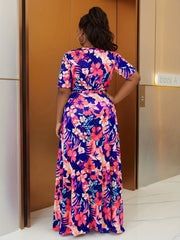  Flower Print High Waist Wrap Maxi Dress