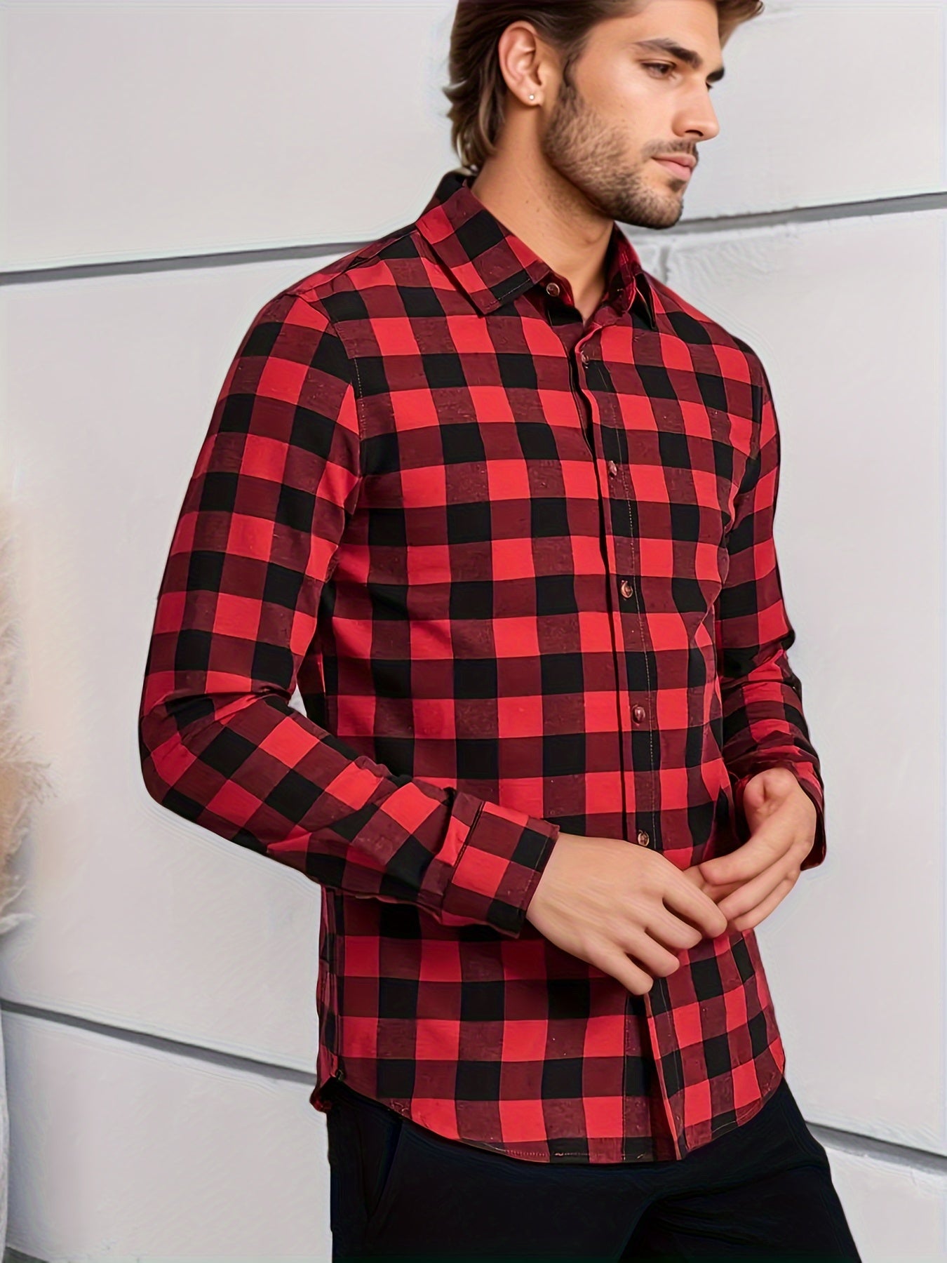 Men's Plaid Shirt Long Sleeve Casual Button Down Tops For Outdoor Activities