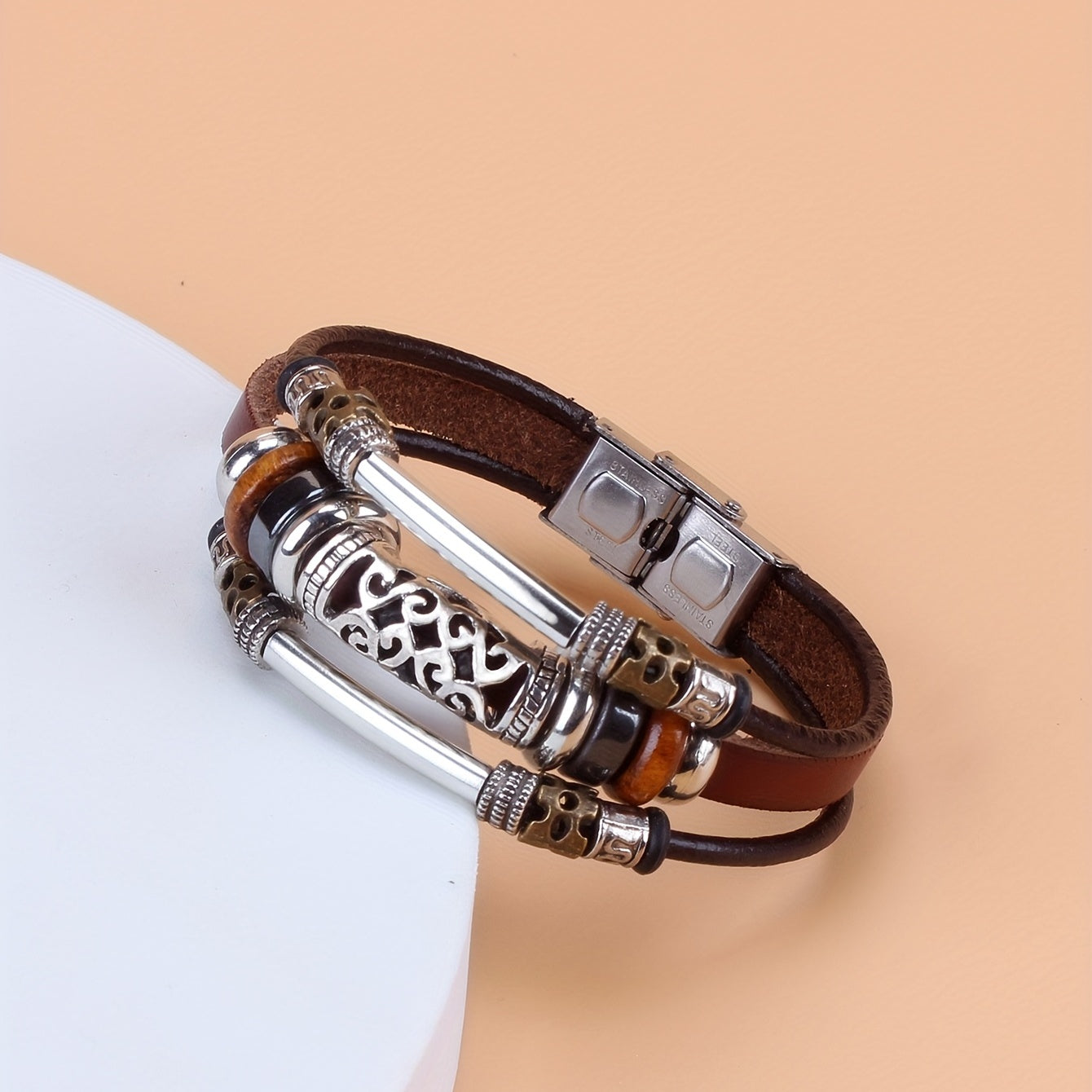 Men's Ethnic Style Hollow Elbow Beaded Leather Bracelet