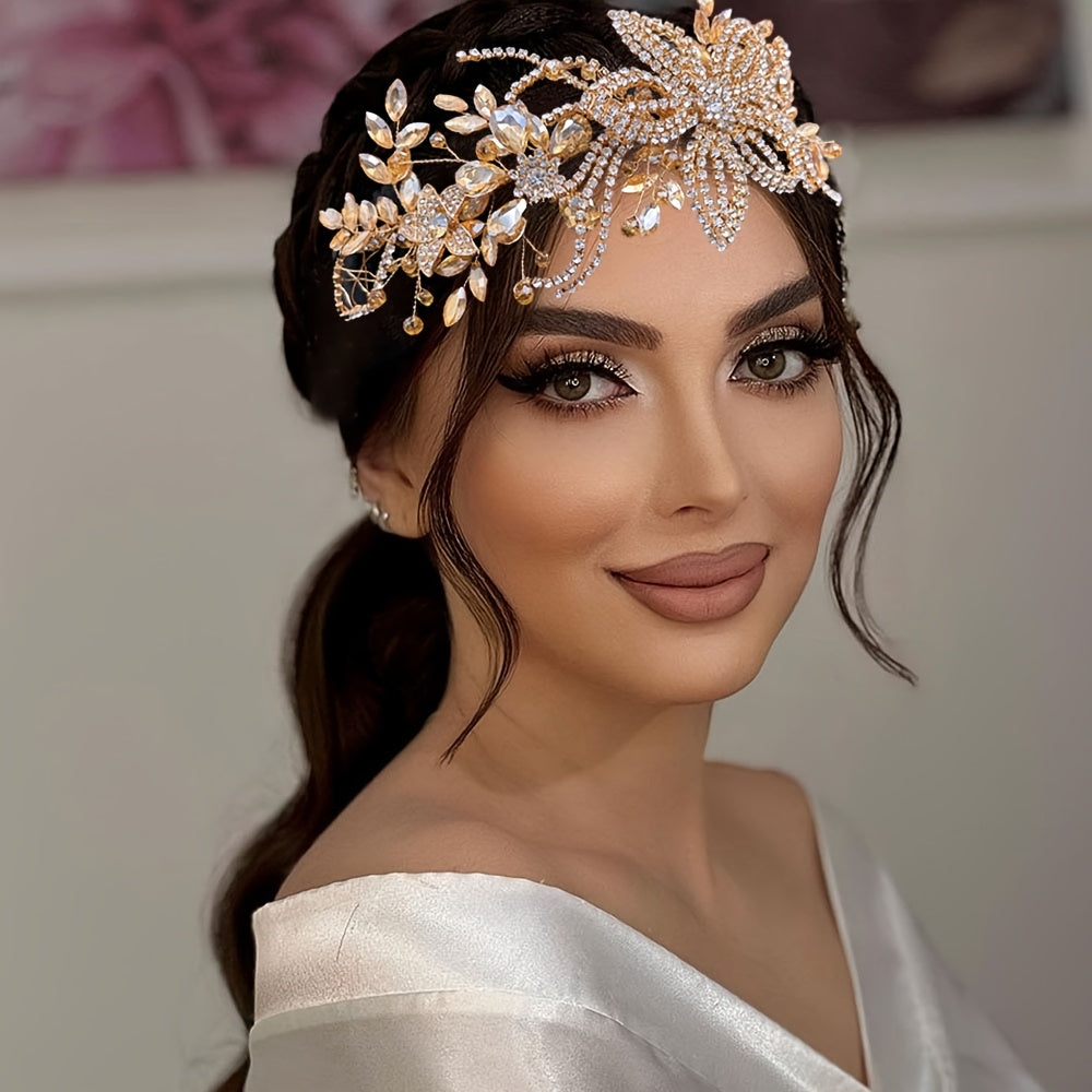 Sparkling Wedding Headpiece with Beaded Floral Arch & Sheer Panel