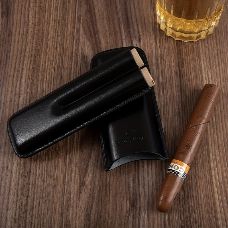 Dark Brown PU Leather Travel Cigar Case - 2 Finger Holder