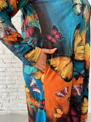  Tie Dye & Butterfly Print Long Sleeve Casual Dress