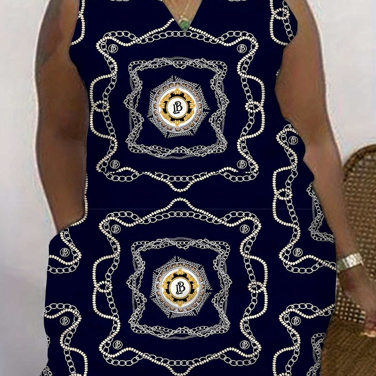 Plus Size Graphic Print V Neck Tank Dress With Pockets