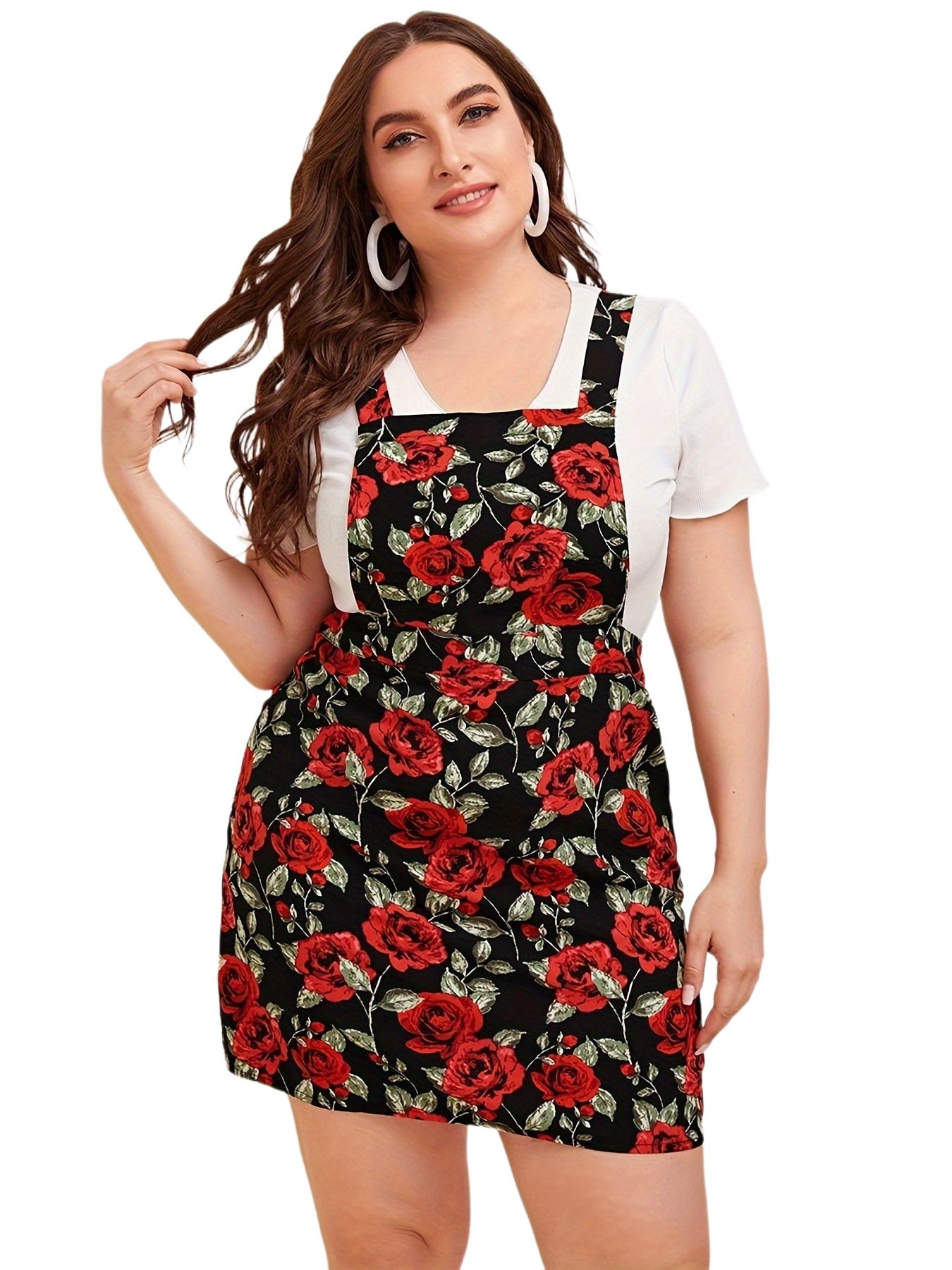  Allover Rose Print Square Neck Mini Overall Dress