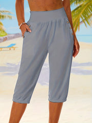 Solid Button Decor Capris Pants High Waist Cropped Pants