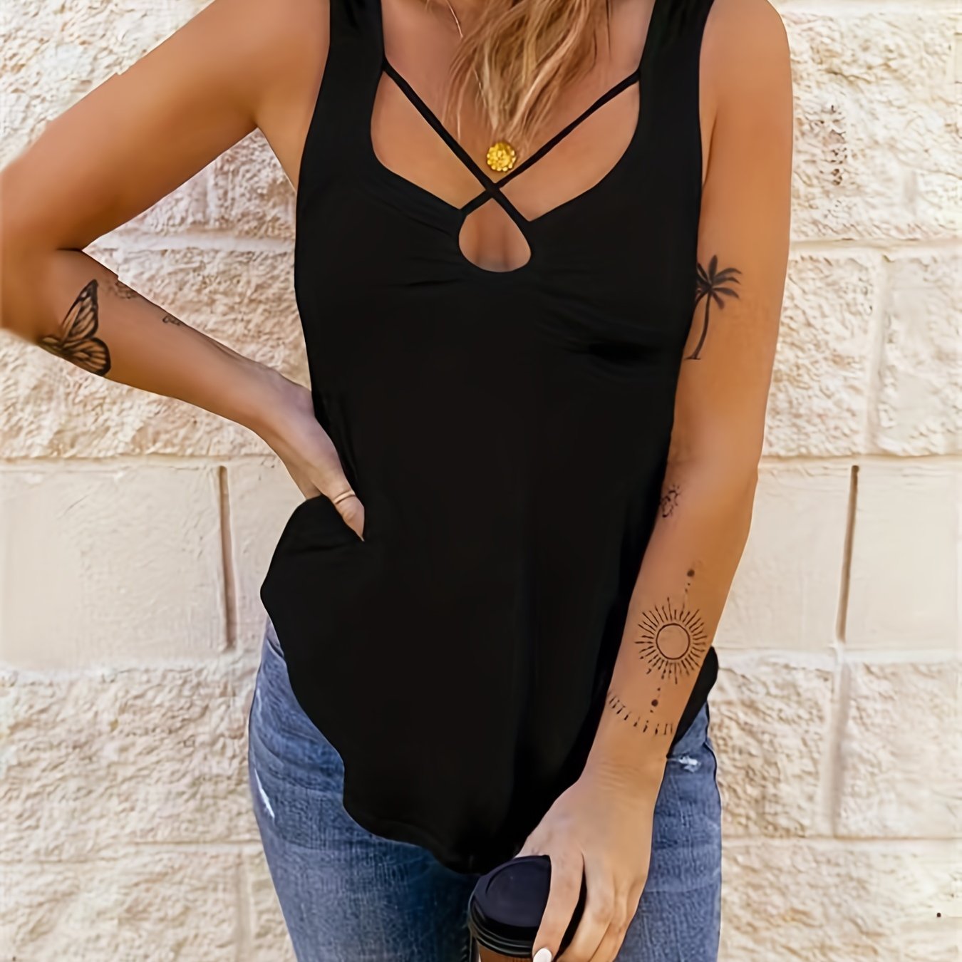  Casual Tank Top Women's Plus Plain Cut Out Tank Top