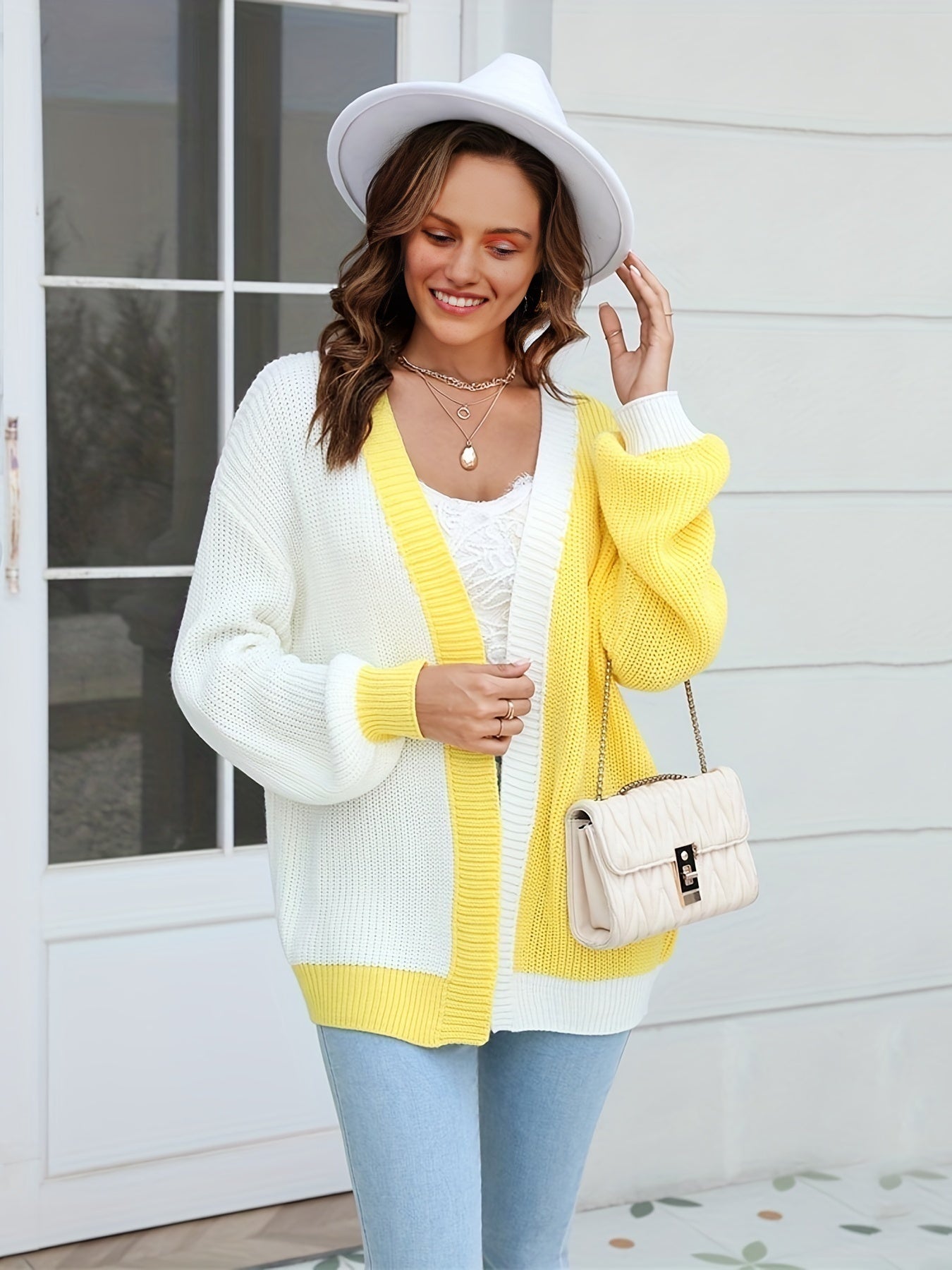  Colorblock Lantern Sleeve Cardigan