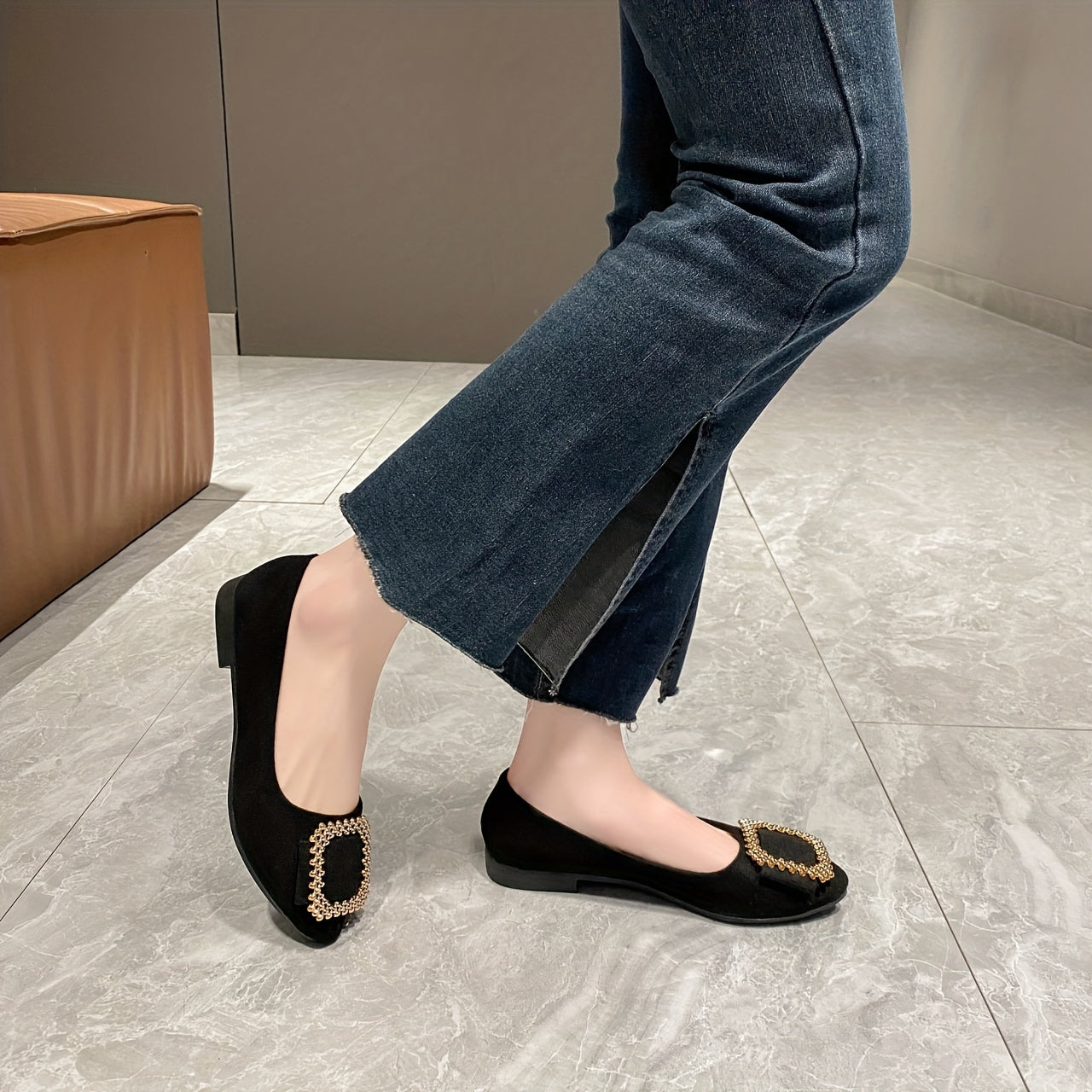 Women's Pointed Toe Ballet Flats Square Metallic Decor Slip On Shoes