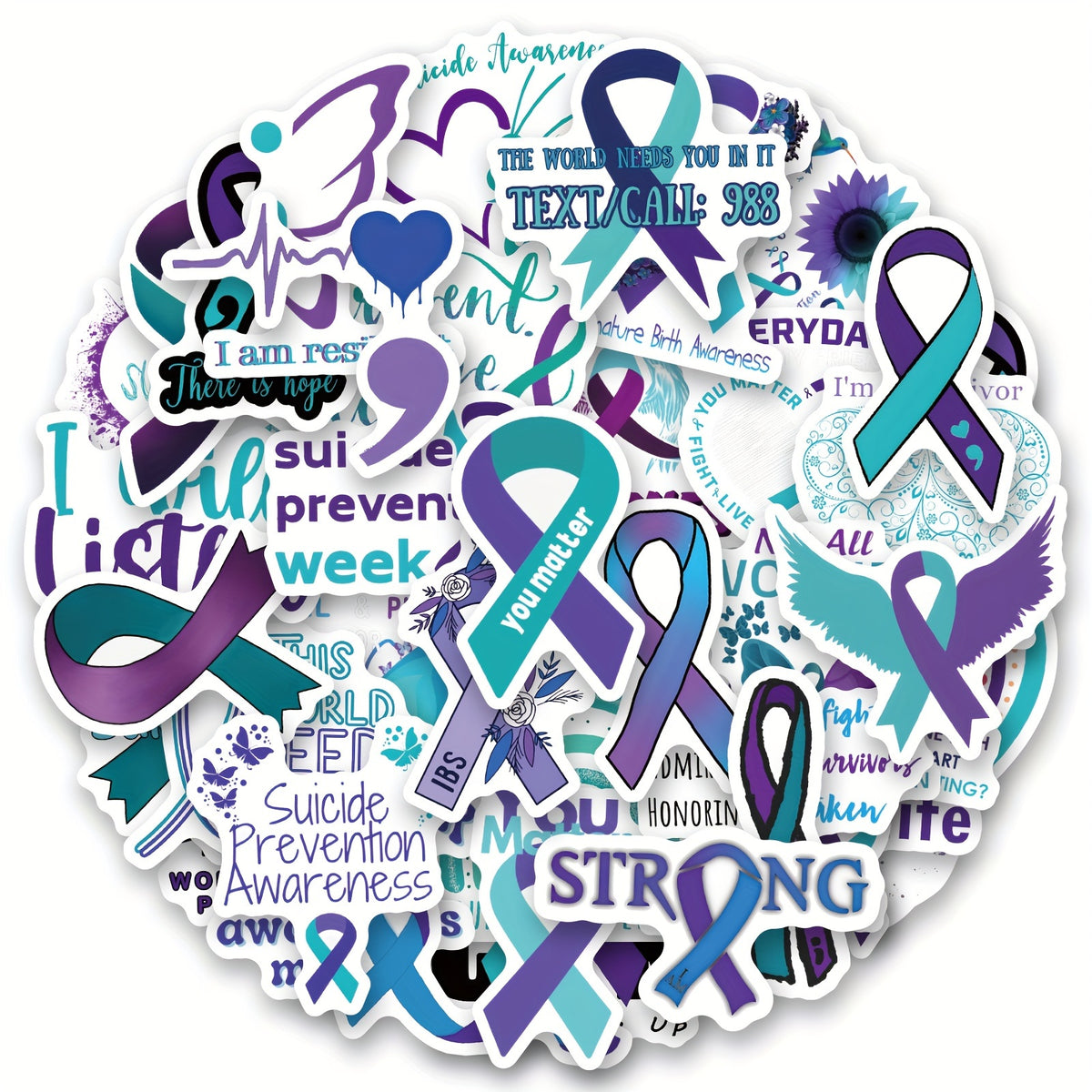 60pcs Suicide Awareness Stickers Teal Purple Ribbon Decals