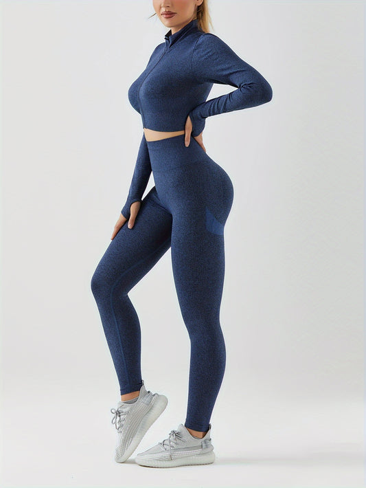 2pcs Workout Set Long Sleeve Top & High Waist Leggings Suit Women's Activewear
