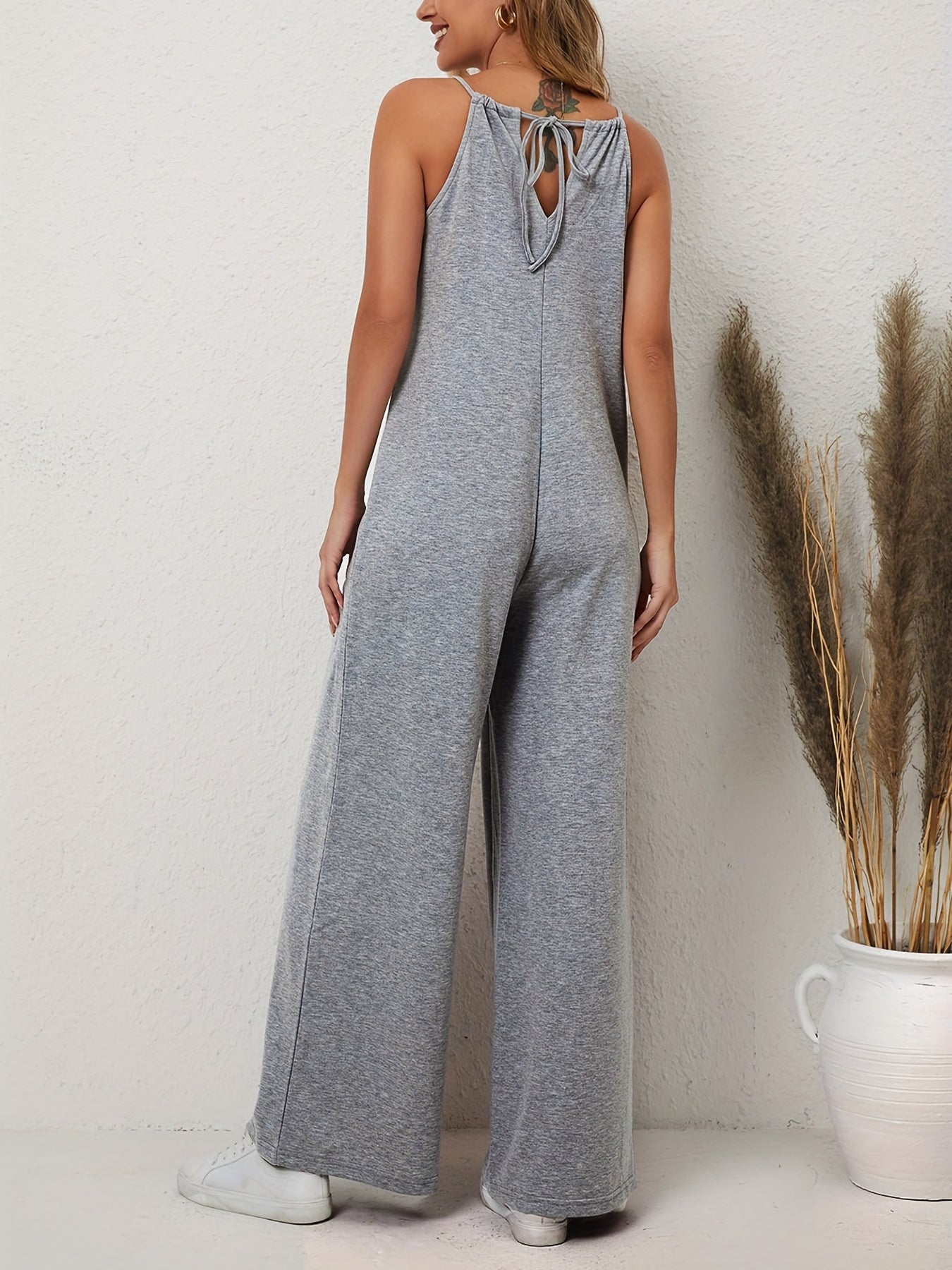 Solid Jumpsuit with Pockets Wide Leg
