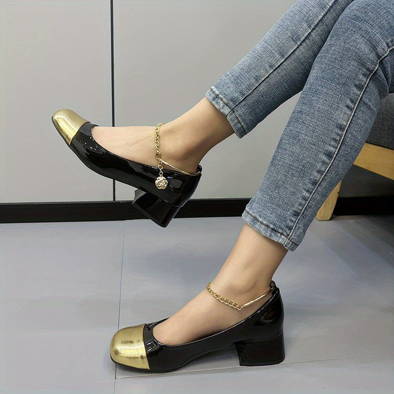 Women's Colorblock Chunky Low Heels Square Toe Chain Ankle Strap Shoes