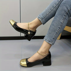 Women's Colorblock Chunky Low Heels Square Toe Chain Ankle Strap Shoes