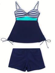 Striped Print Tankini Set V Neck Boxer Short Bottom Swimsuit Women's Swimwear