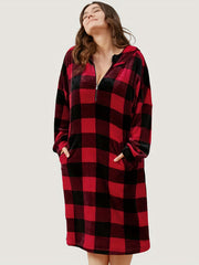  Plaid Pattern Zipper Hoodie Robe