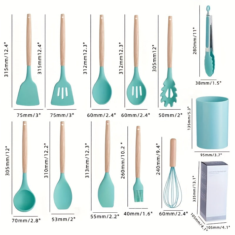 12-Piece Silicone Kitchen Utensil Set with Wooden Handles and Storage Box