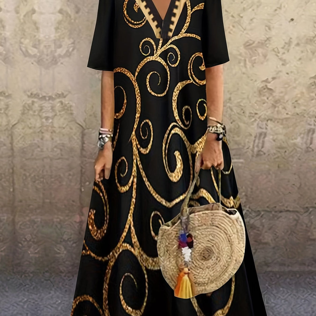  Baroque Print V Neck Maxi Dress