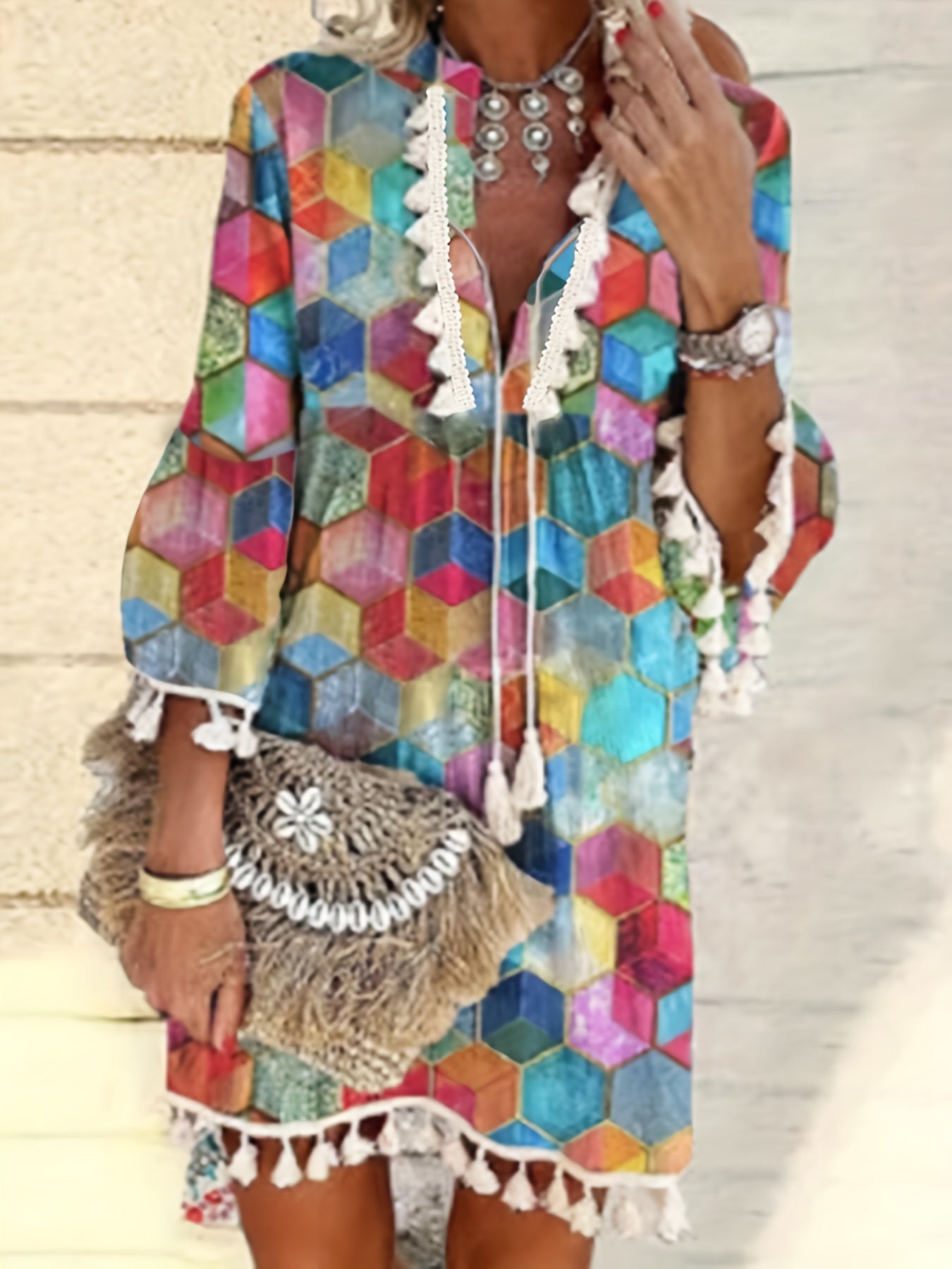  Geo Print Long Sleeve Tassel Dress