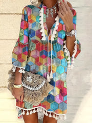  Geo Print Long Sleeve Tassel Dress