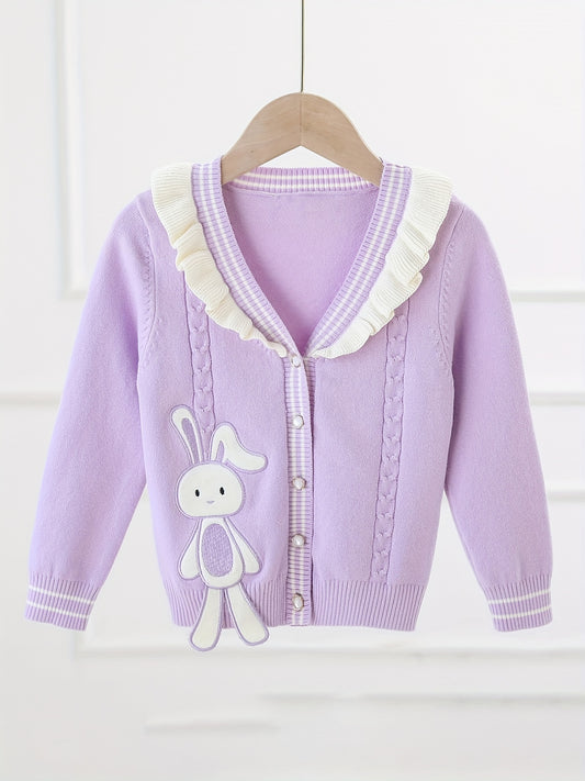 Girls' Bunny Embroidery Knit Cardigan Ruffle Trims Button Down Top