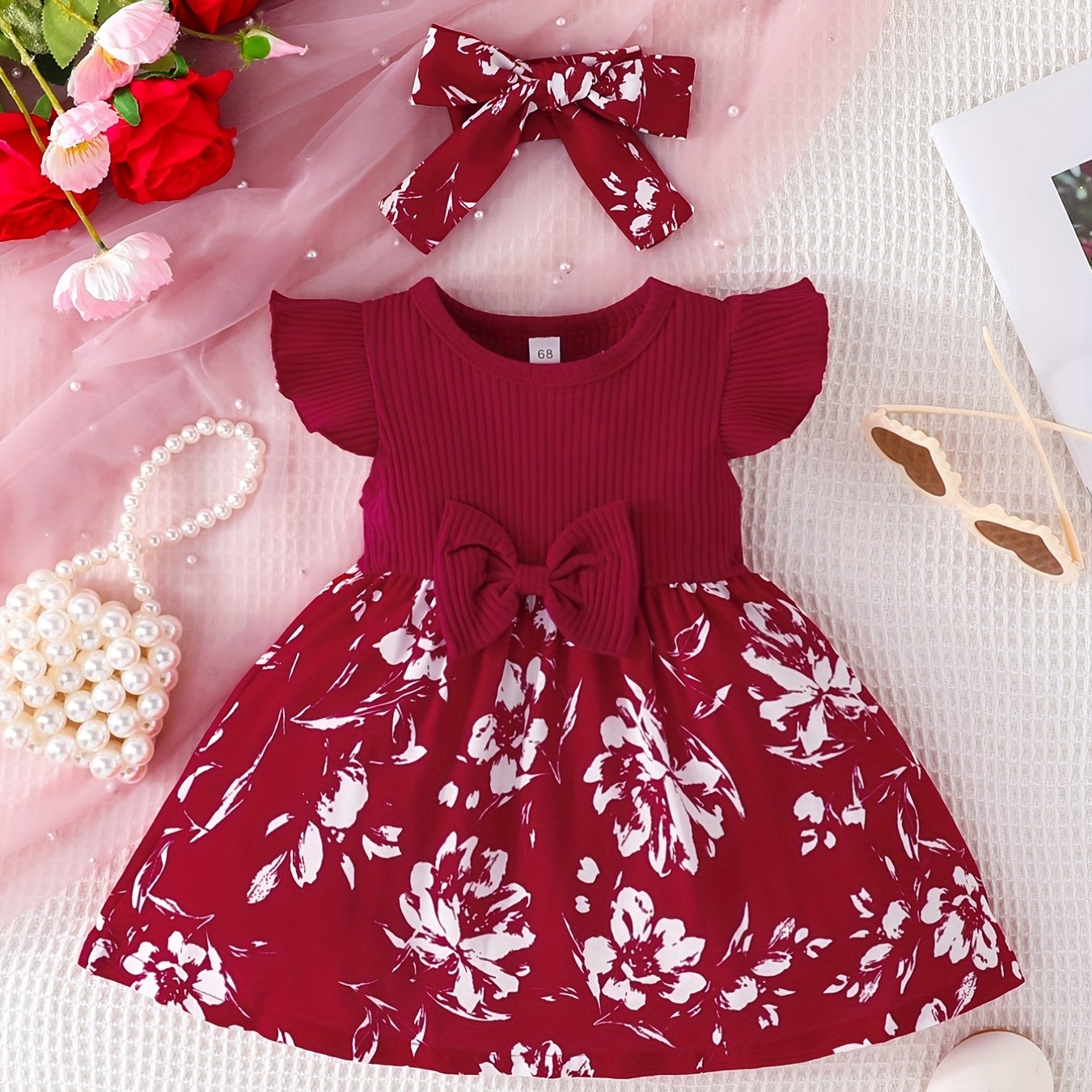 Baby Girls Casual Floral Print Dress & Headband Set