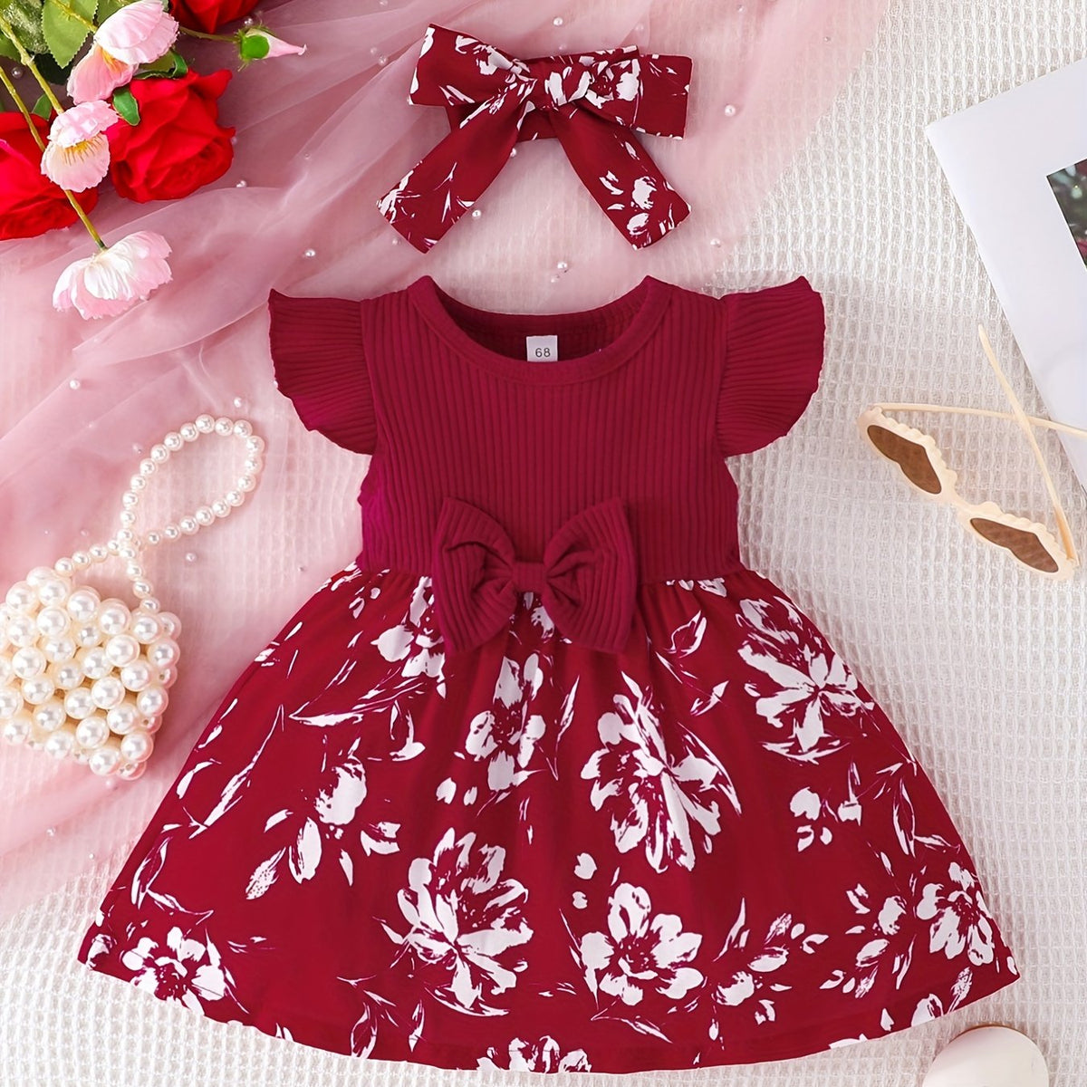 Baby Girls Casual Floral Print Dress & Headband Set