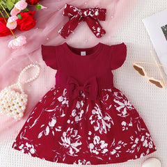 Baby Girls Casual Floral Print Dress & Headband Set