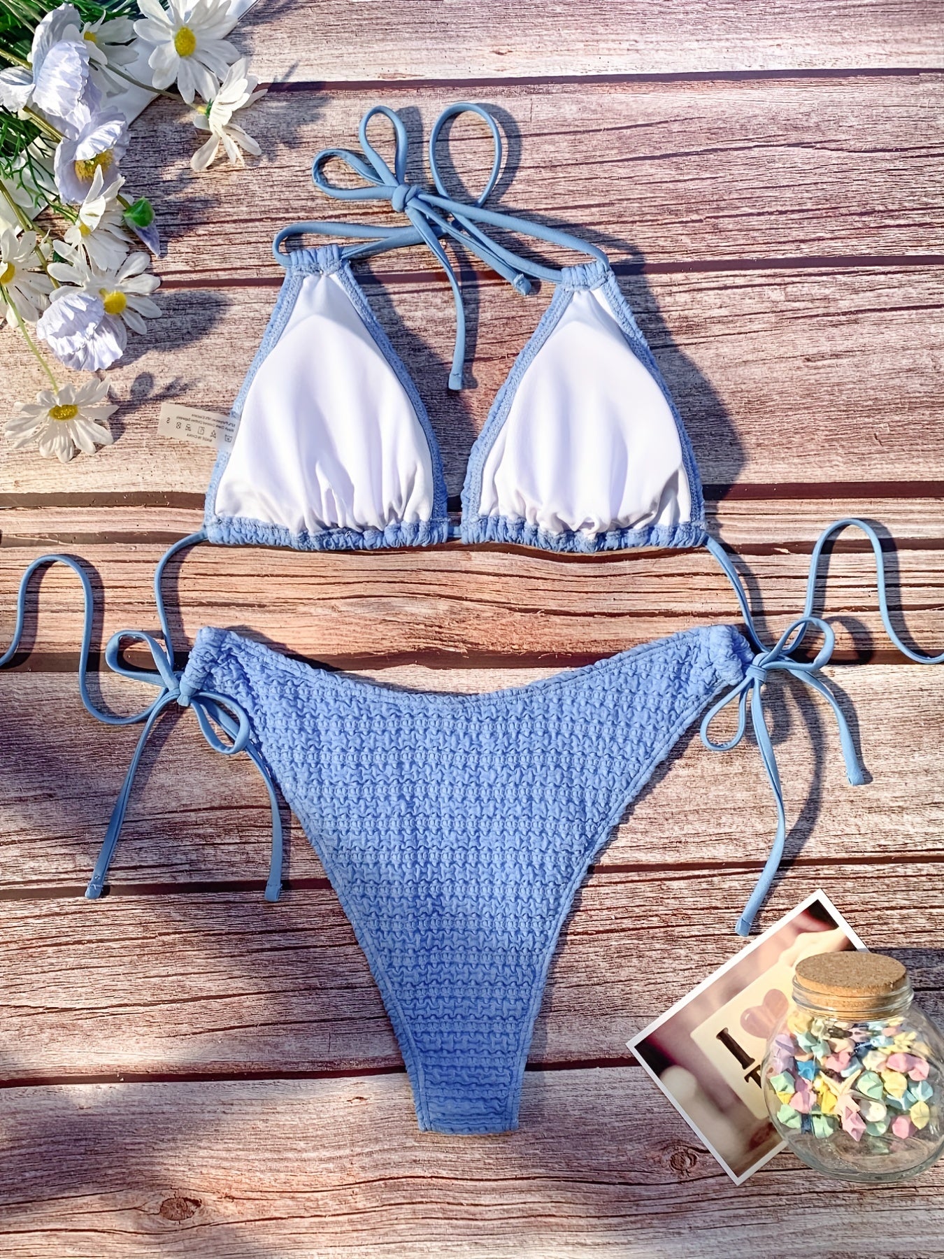 Triangle Ruched Bikini Set Halter V Neck Tie Back Two Piece Swimsuit