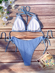 Triangle Ruched Bikini Set Halter V Neck Tie Back Two Piece Swimsuit