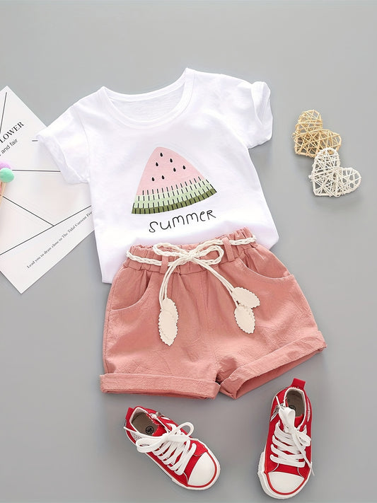Baby Watermelon Print Summer Suit Round Neck T-shirt & Shorts Set