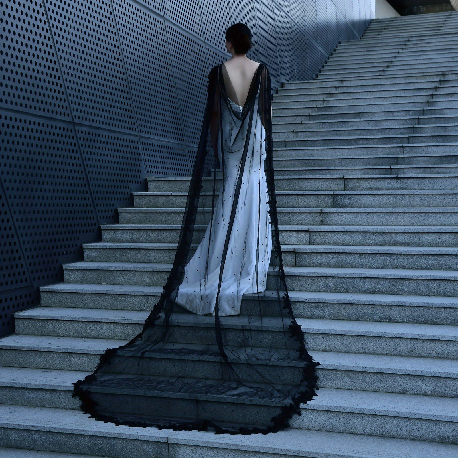 Glamorous Bridal Cape Veil with Pearl Beading and Floral Lace 2m Long Train