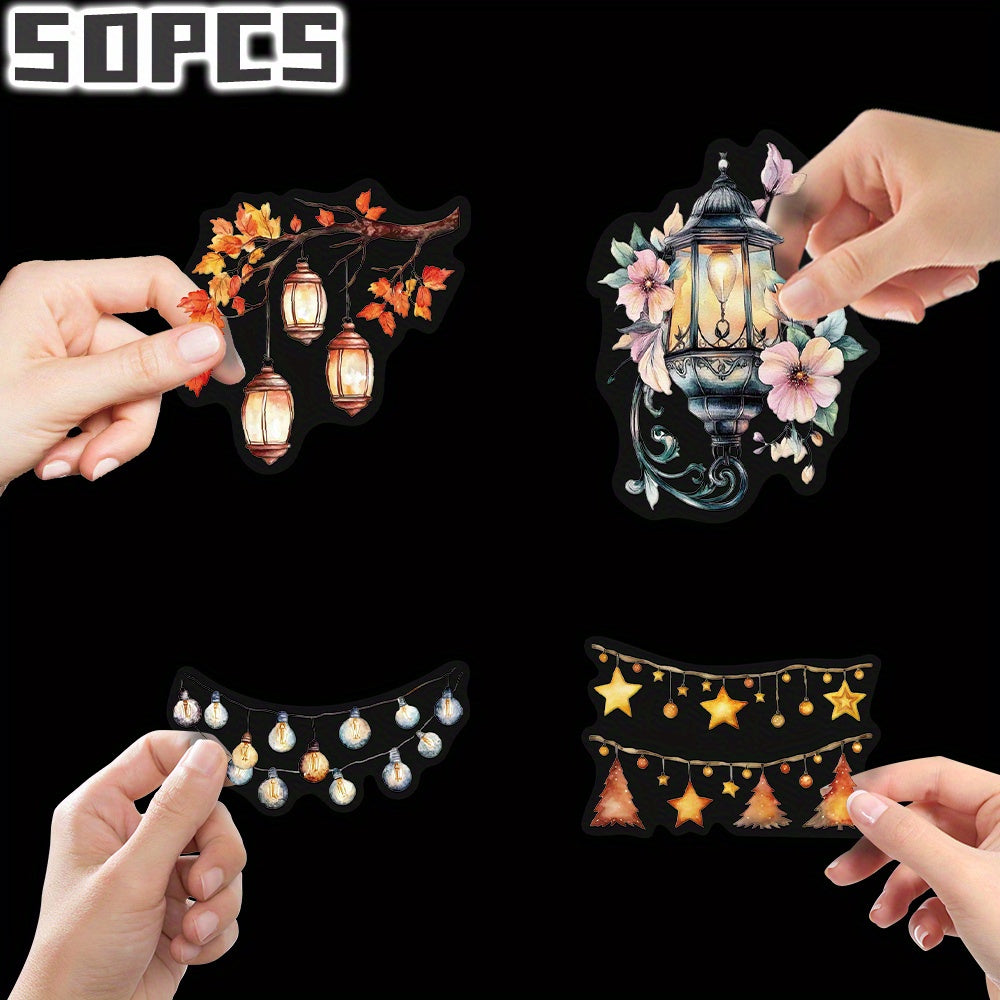 50pcs Lantern Themed Stickers Non Repeating Floral & Heart Designs