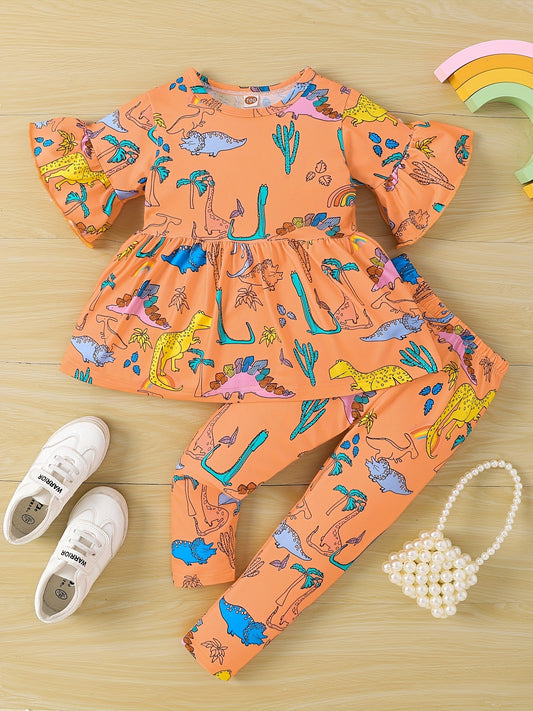 Girls Dino Print Top & Leggings Set for Autumn