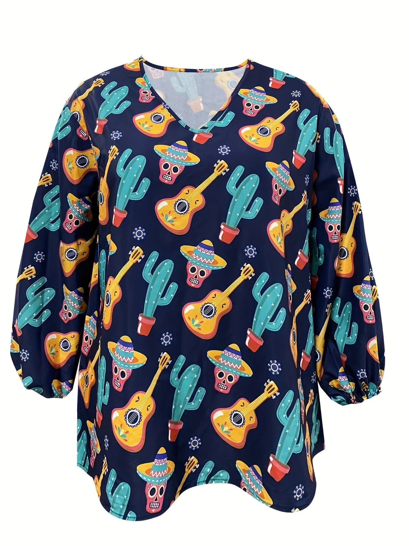  Funny Skull & Cactus Print Lantern Sleeve V Neck Top