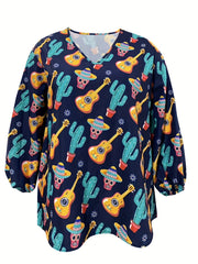  Funny Skull & Cactus Print Lantern Sleeve V Neck Top