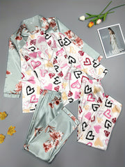 Heart & Floral Print Pajama Set Long Sleeve Buttons Top & Elastic Waistba