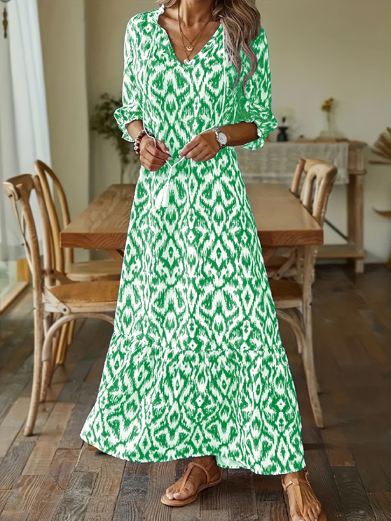 Boho Tassel V Neck Dress Half Sleeve Women's Clothing