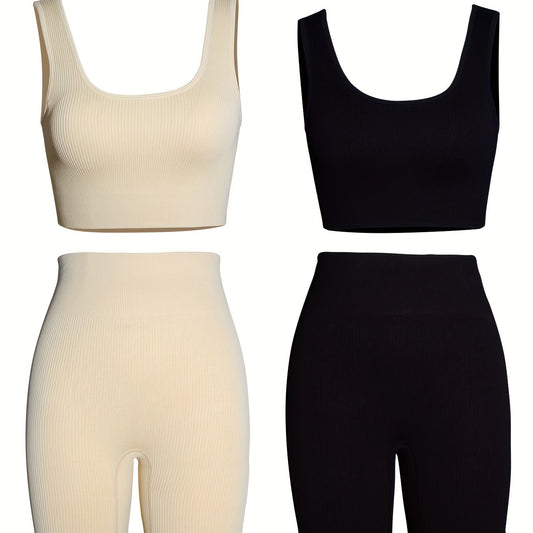 4pcs Women's Seamless Backless Tank Sport Bra & High Waist Shorts Set