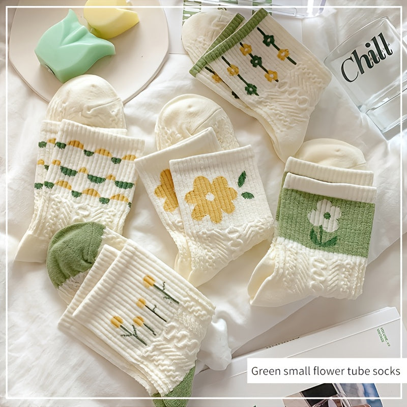 5 Pairs Retro Floral & Solid Texture Women's Socks