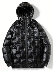 Men's Lightweight Hooded PU Puffer Jacket for Winter