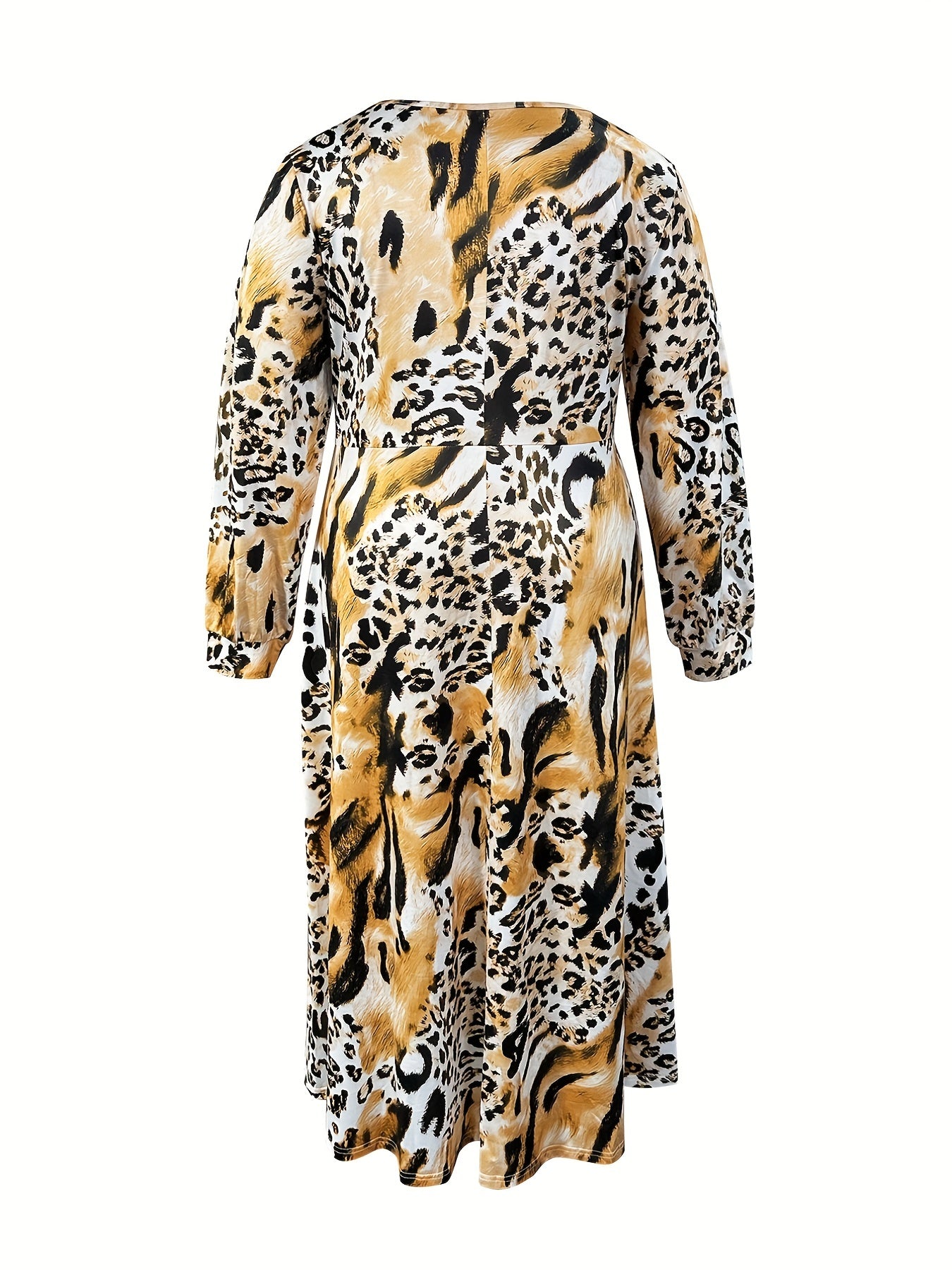  Colorblock Leopard Print Long Sleeve Maxi Dress