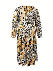  Colorblock Leopard Print Long Sleeve Maxi Dress