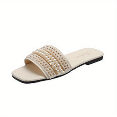 Women's Pearl & Beads Flat Slippers Square Open Toe Slides