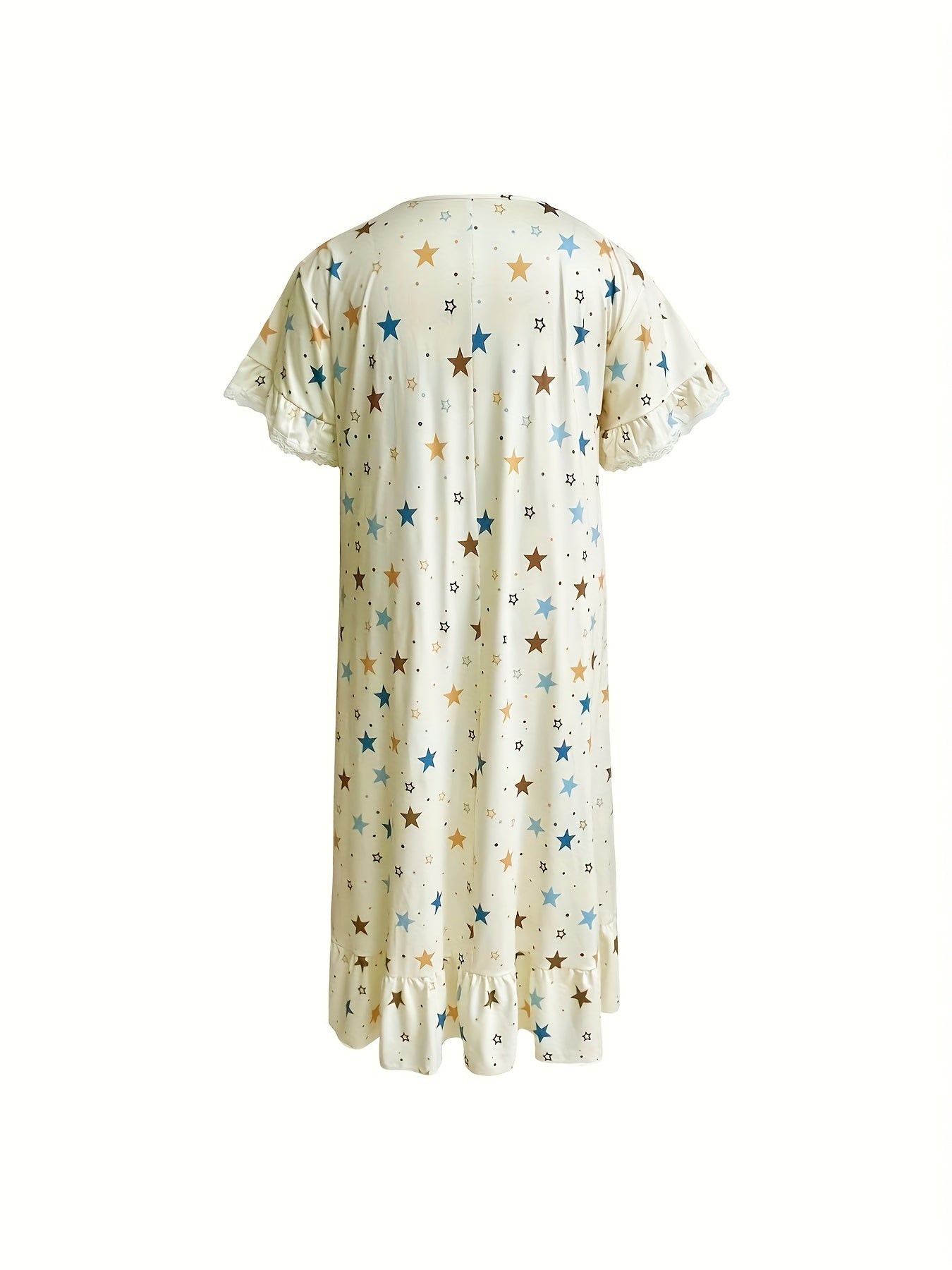  Star Print Lounge Dress with Ruffle Trim