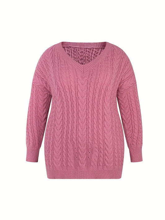 Solid Jacquard Drop Shoulder V Neck Sweater