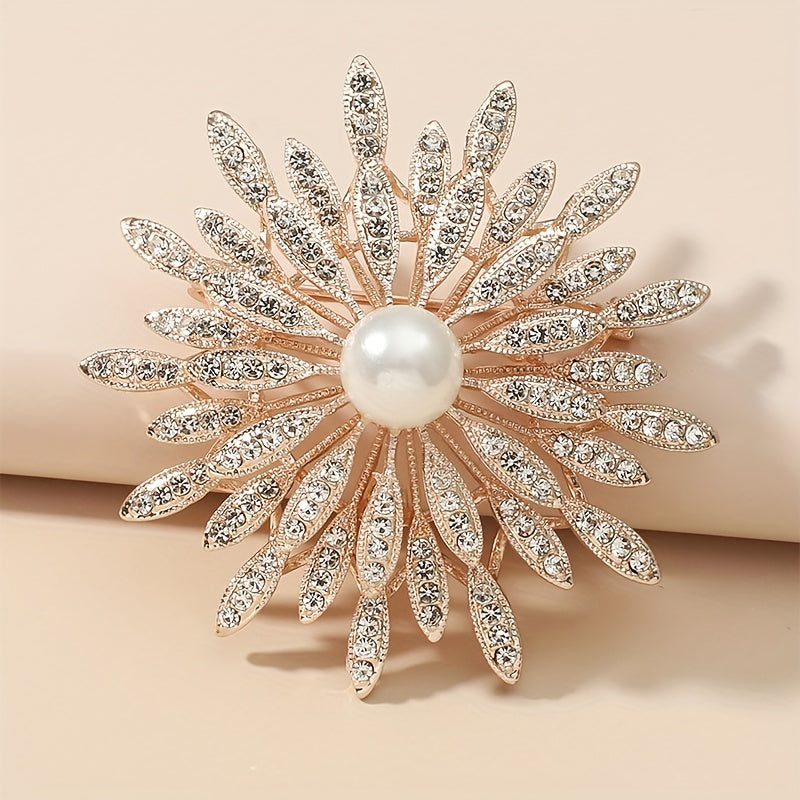 Double Layer Flower Brooch Pin Faux Pearls Ladies Accessory