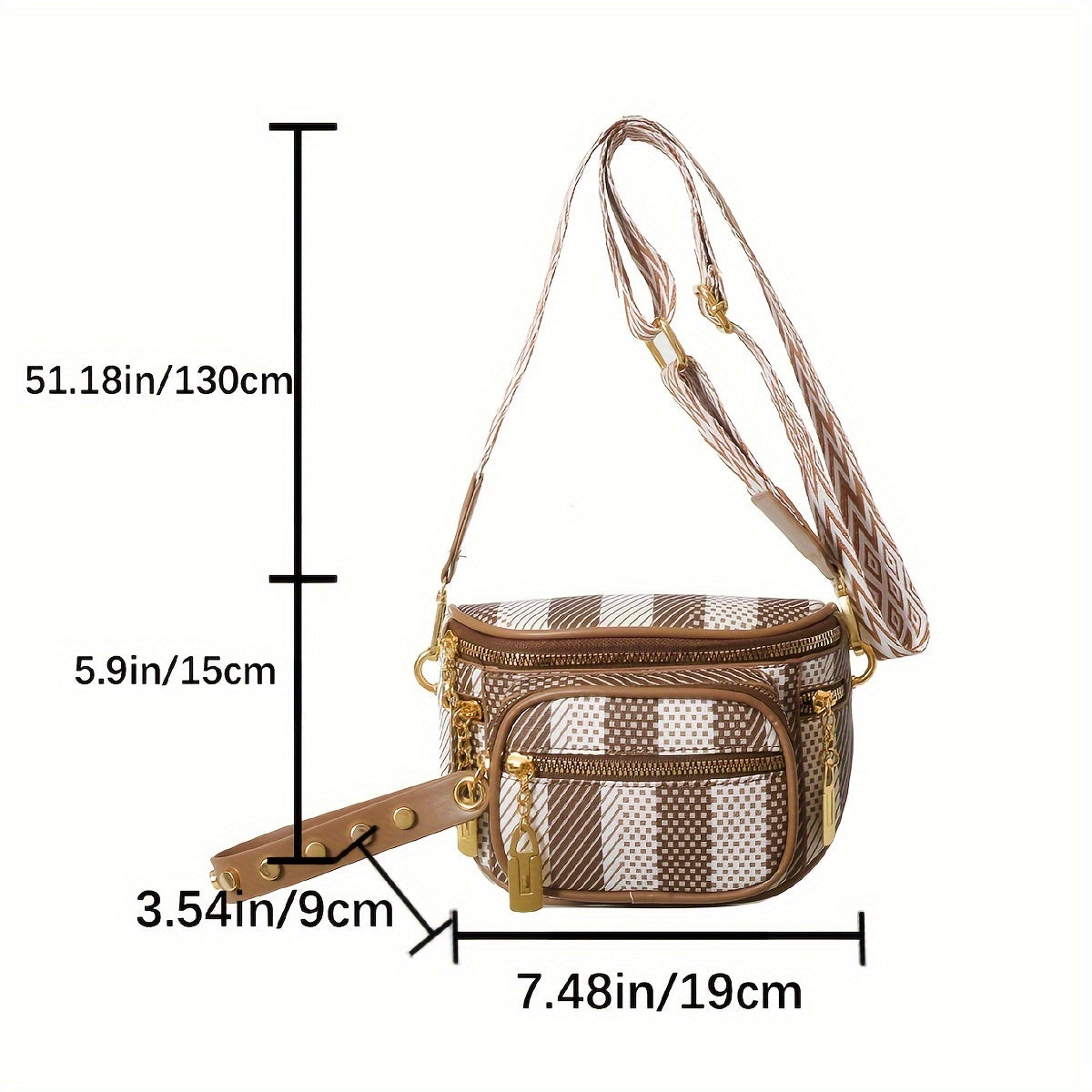 Retro Style Crossbody Camera Bag with Checkered Strap PU Material