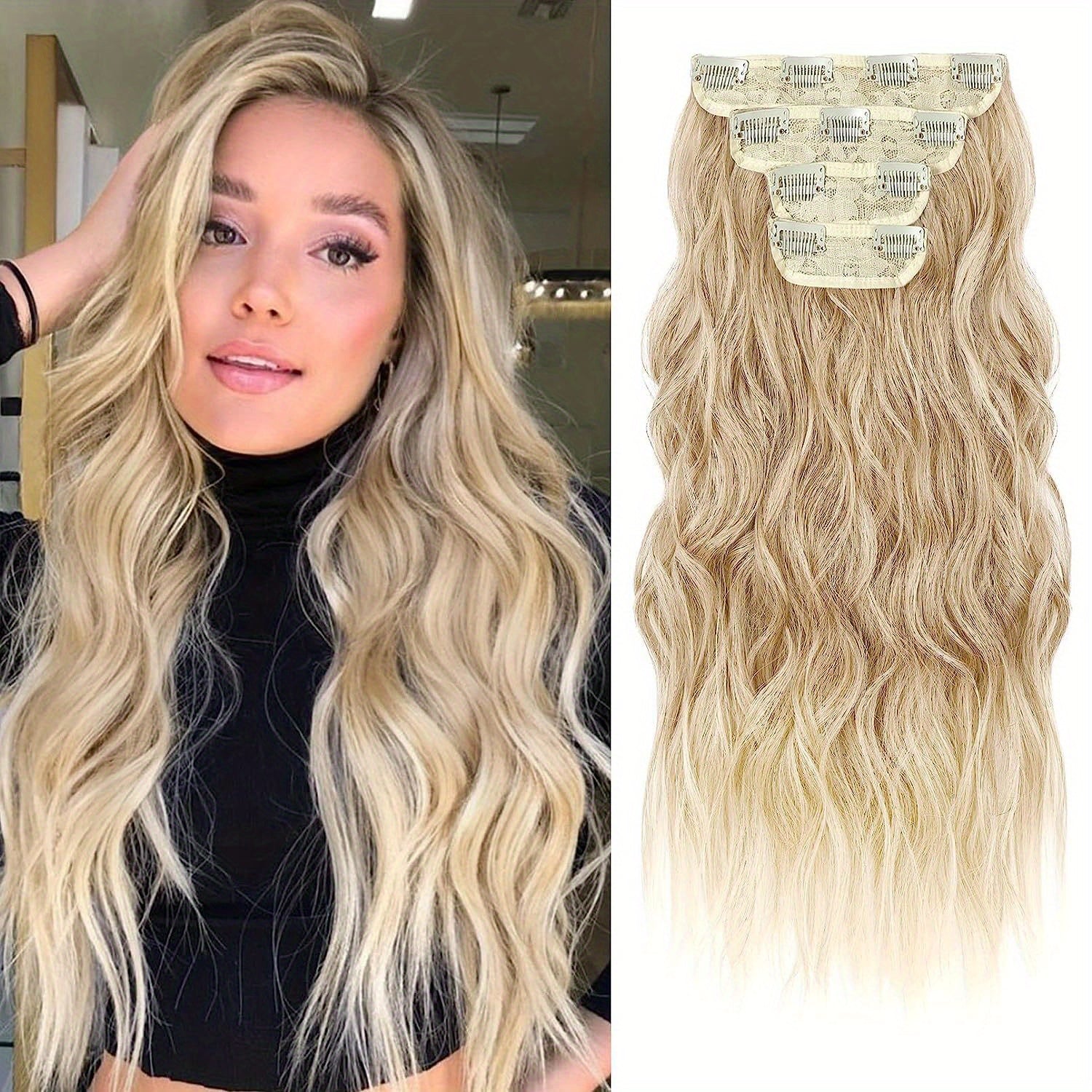 4pcs Dark Blonde Light Blonde Ends Clip In Hair Extensions Soft Synthetic