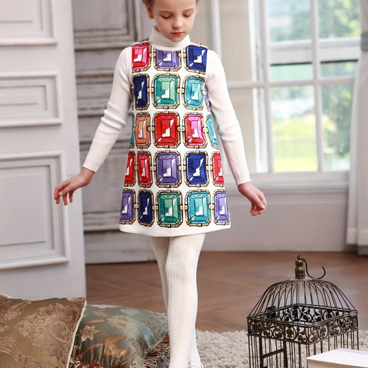 Girls' Germ Print Crew Neck Midi Vest Dress